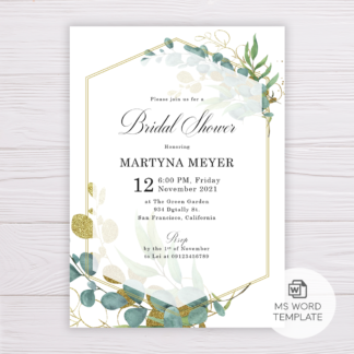 Bridal Shower Invitation Template with Gold & Green Watercolor Eucalyptus Leaves