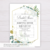 Bridal Shower Invitation Template with Gold & Green Watercolor Eucalyptus Leaves