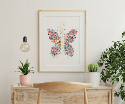 Butterfly Flowers with Gold Ornaments Wall Art/Room Decor