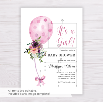 Pink Balloon Baby Shower Invitation Template