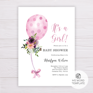 Pink Balloon Baby Shower Invitation Template