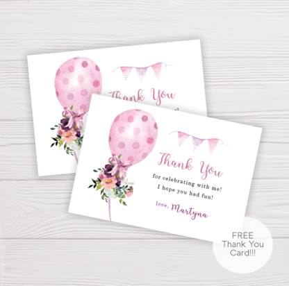Pink Balloon Birthday Thank You Card Template