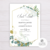 Save the Date Template with Gold & Green Watercolor Eucalyptus Leaves Editable in Microsoft Word