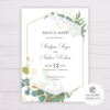 Save the Date Template with Gold & Green Watercolor Eucalyptus Leaves