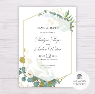 Save the Date Template with Gold & Green Watercolor Eucalyptus Leaves