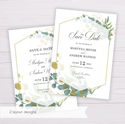 Save the Date Template with Gold & Green Watercolor Eucalyptus Leaves Editable in Microsoft Word