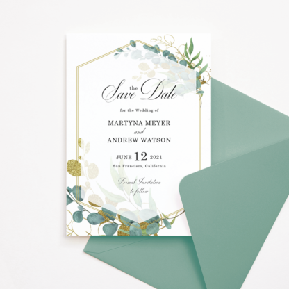 Save the Date Template with Gold & Green Watercolor Eucalyptus Leaves