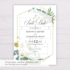 Save the Date Template with Gold & Green Watercolor Eucalyptus Leaves