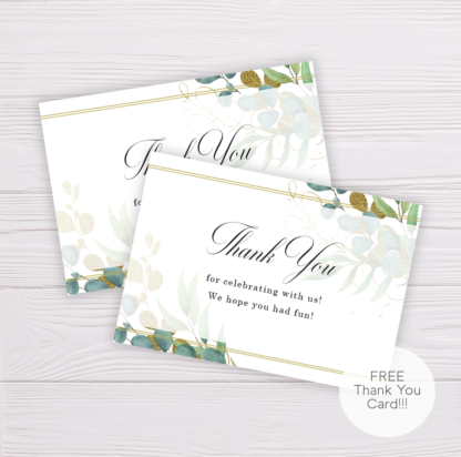 Thank You Card Template with Gold & Green Watercolor Eucalyptus Leaves