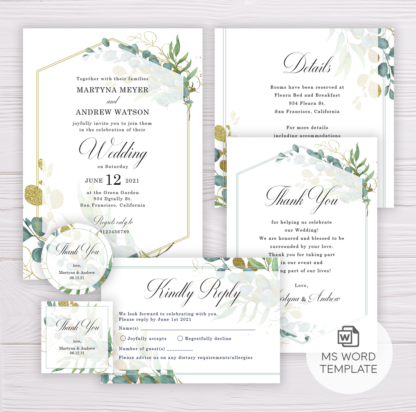 Wedding Invitation Set Template - Gold and Green Watercolor Eucalyptus Leaves
