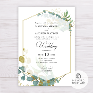 Wedding Invitation Template - Gold and Green Watercolor Eucalyptus Leaves