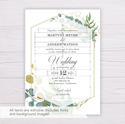 Wedding Invitation Template - Gold and Green Watercolor Eucalyptus Leaves