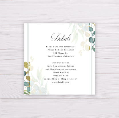Wedding Invitation Set Template - Details Card - Gold and Green Watercolor Eucalyptus Leaves