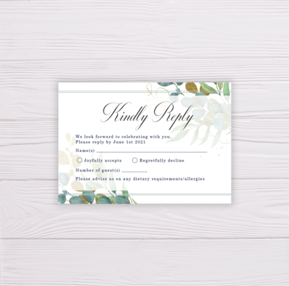 Wedding Invitation Set Template - RSVP Card - Gold and Green Watercolor Eucalyptus Leaves