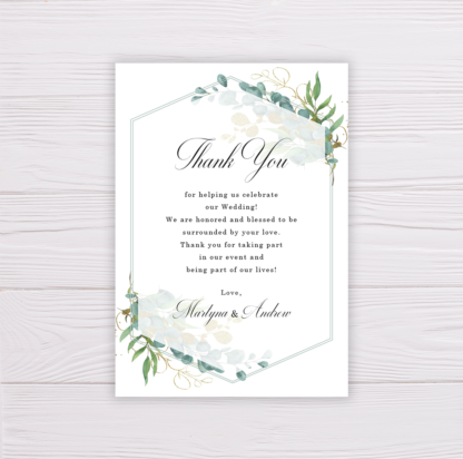 Wedding Invitation Set Template - Thank You Card - Gold and Green Watercolor Eucalyptus Leaves