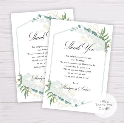 Wedding Thank You Card Template - Gold and Green Watercolor Eucalyptus Leaves