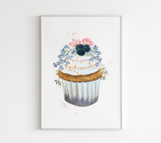 Blueberry Cupcake with Flowers Wall Art