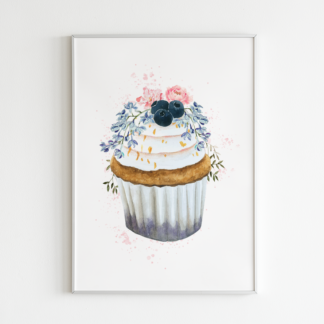 Blueberry Cupcake with Flowers Wall Art