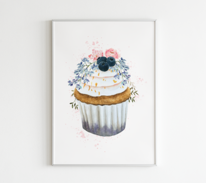 Blueberry Cupcake with Flowers Wall Art