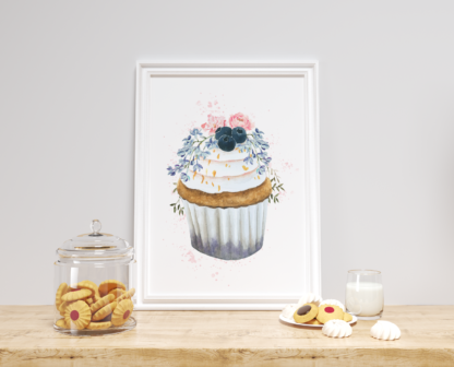 Blueberry Cupcake with Flowers Wall Art