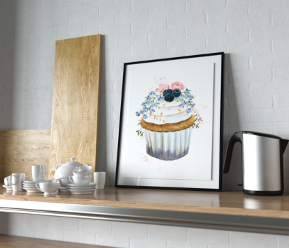 Blueberry Cupcake with Flowers Wall Art