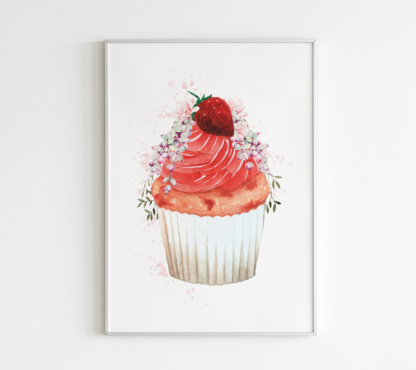 Strawberry Cupcake with Flowers Wall Art