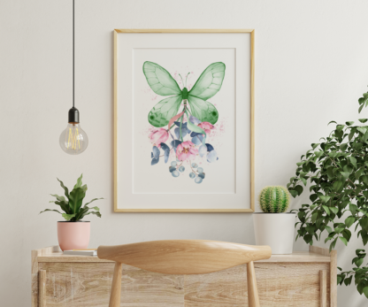 Green Butterfly with Flowers Graphic