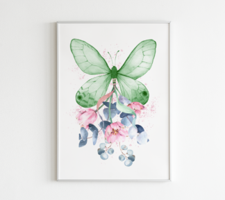Green Butterfly with Flowers Graphic