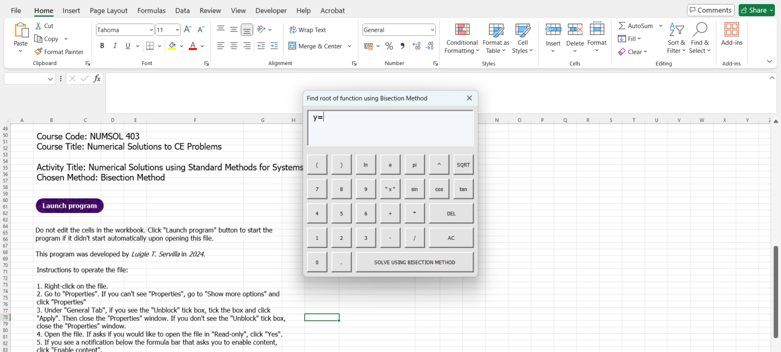 Bisection Method Numerical Solutions Microsoft Excel Program Template ...