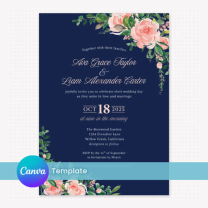 Navy Blue Wedding Invitation Template - Canva Editable