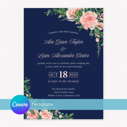 Navy Blue Wedding Invitation Set Template - Canva Editable