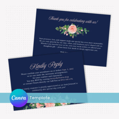 Navy Blue Wedding Invitation Set Template - Canva Editable