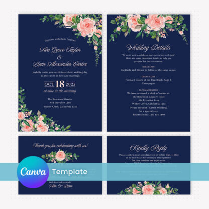 Navy Blue Wedding Invitation Set Template - Canva Editable