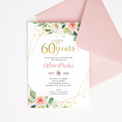 Cheers to 60 Years Birthday Invitation Template with Blush Flowers and Gold Frame Editable in Canva