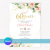 Cheers to 60 Years Birthday Invitation Template with Blush Flowers and Gold Frame Editable in Canva