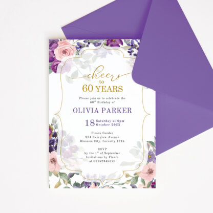 Cheers to 60 Years Birthday Invitation Template with Purple Flowers & Elegant Gold Frame Editable in Canva