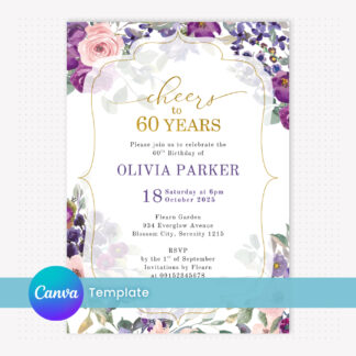 Cheers to 60 Years Birthday Invitation Template with Purple Flowers & Elegant Gold Frame Editable in Canva