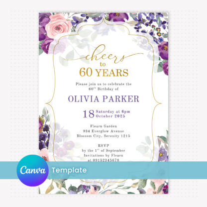 Cheers to 60 Years Birthday Invitation Template with Purple Flowers & Elegant Gold Frame Editable in Canva