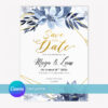 Save the Date Template with Gold and Blue Floral Design Editable in Canva