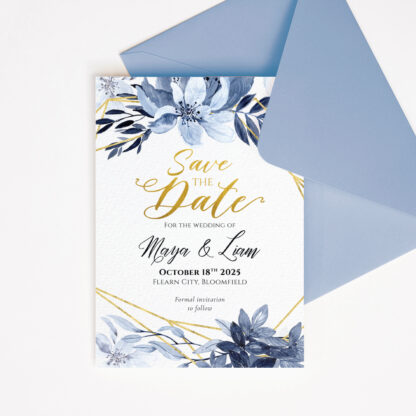 Save the Date Template with Gold and Blue Floral Design Editable in Canva