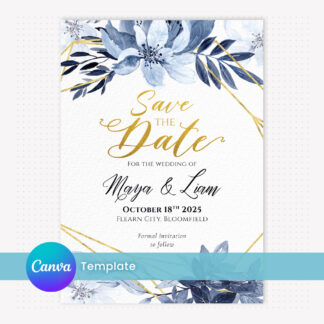 Save the Date Template with Gold and Blue Floral Design Editable in Canva