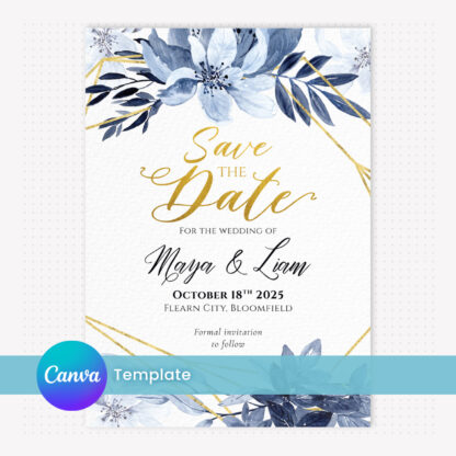 Save the Date Template with Gold and Blue Floral Design Editable in Canva