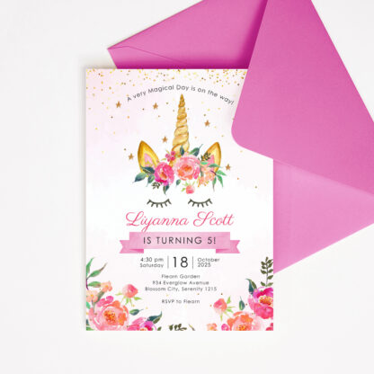 Unicorn Invitation Template with Pink Flowers editable in Canva
