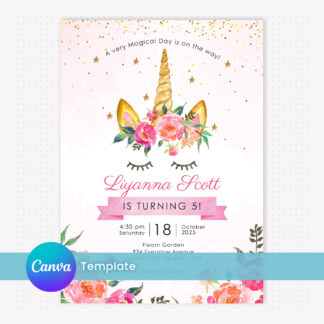 Unicorn Invitation Template with Pink Flowers editable in Canva