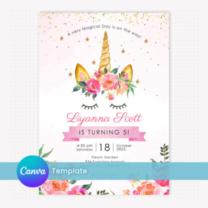 Unicorn Invitation Template with Pink Flowers editable in Canva