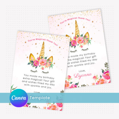 Unicorn Thank You Card Template with Pink Flowers editable in Canva