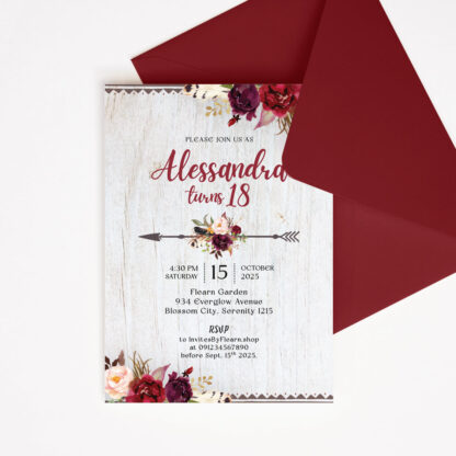 Bohemian Invitation Template - Red/Maroon Flowers/Floral