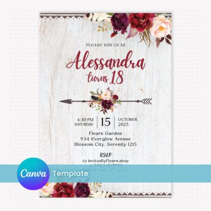 Bohemian Invitation Template - Red/Maroon Flowers/Floral